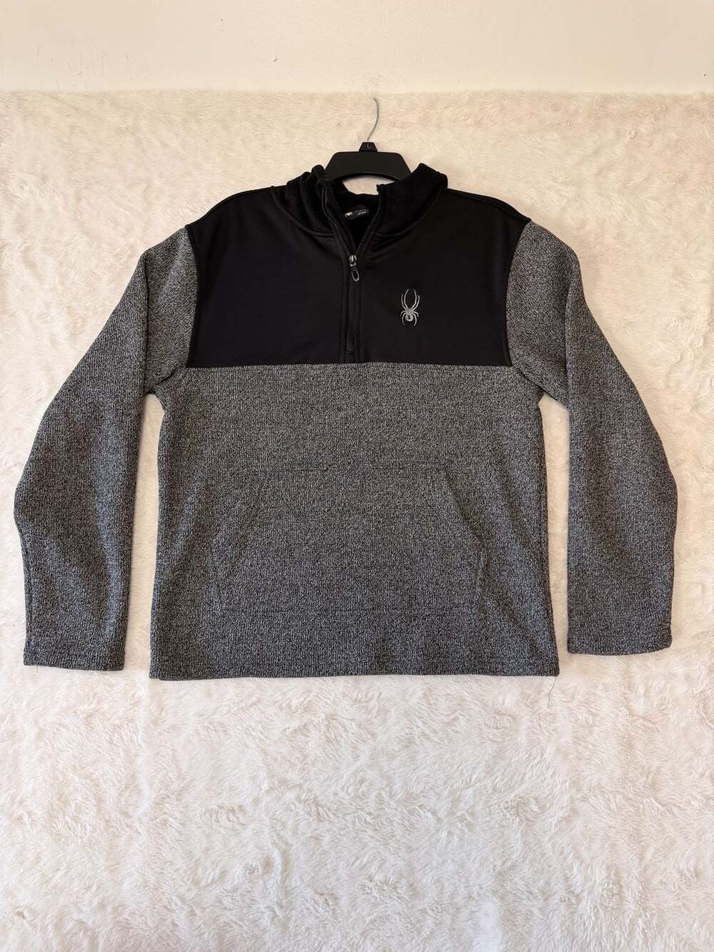 Spyder Mens Medium 1/4 Zip Hoodie Sweater Fleece Colorblock Charcoal Black Pullo